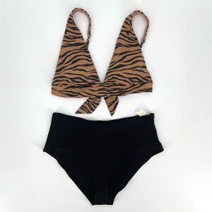 Aerie Pique Animal Print Triangle Top High Rise Full Coverage Large Tan‎ Black